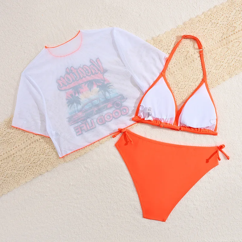 Girls Orange High Waist Bikini Kids Swimsuit 3pack with Short Sleeve Top 13-16 Years Children's Swimwear Teens Bathing Suit