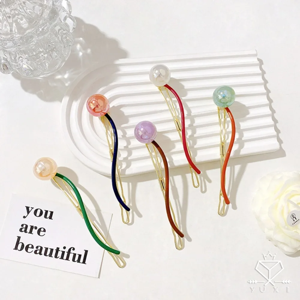 Korean Candy Color Lollipop Hairpin for Women Elegant Pearl Frog Buckle Metal Hair Clip Simple Headwear Hair Accessories
