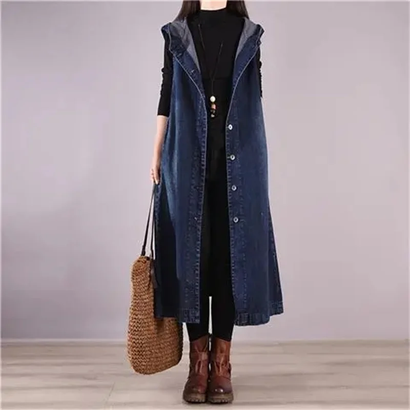 

2023 Spring New Denim Jeans Vest Women's Loose Large Size Sleeveless Denim Jacket Female Waistcoat Hooded Windbreaker Long Vest