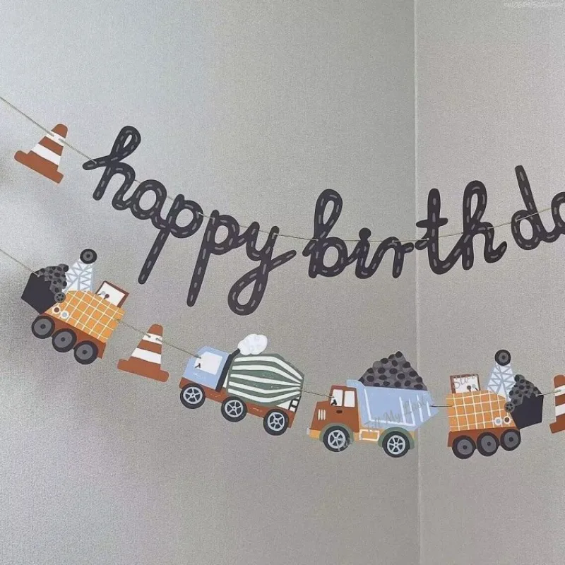 Building Construction Themed Happy Birthday Banner Party Decoration Tractor Excavator Flag Kids Boys Party Supplies Baby Shower