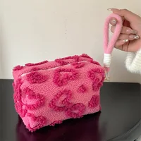 New Pink Red Color Heart Cosmetic Bags with Lanyard Girl Large Capacity Travel Organizer Cute Plush Makeup Bags for Women 1
