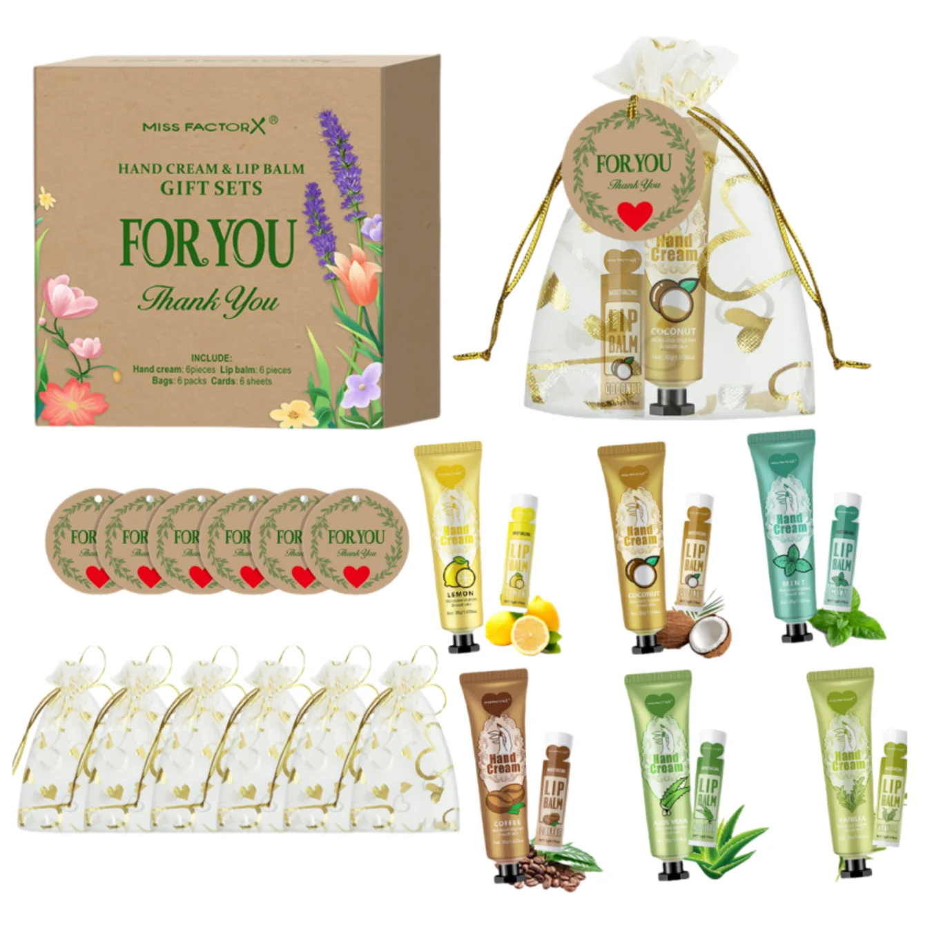 Wedding Companion Gift Set 6 sets/box Hand Cream Set Lip Balm Set Love Thank You Card and Love Gauze Bag Party Gift distribut hand cream