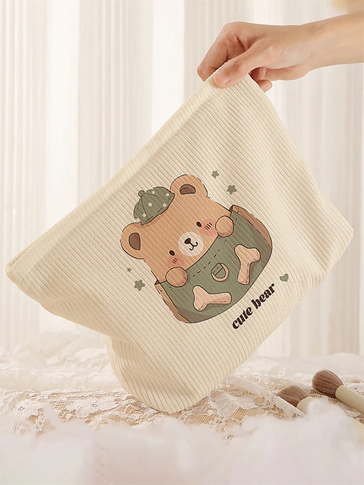 1 Bear Pattern Corduroy Makeup Bag, Lightweight Zipper Makeup Storage Box, Multi functional Bag with Lining