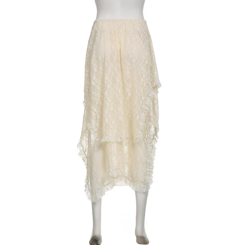 Vintgae Retro Lace Asymmetrical Skirt Fairycore Holiday Women Y2K High Waist Fashion Cute Mid Skirts