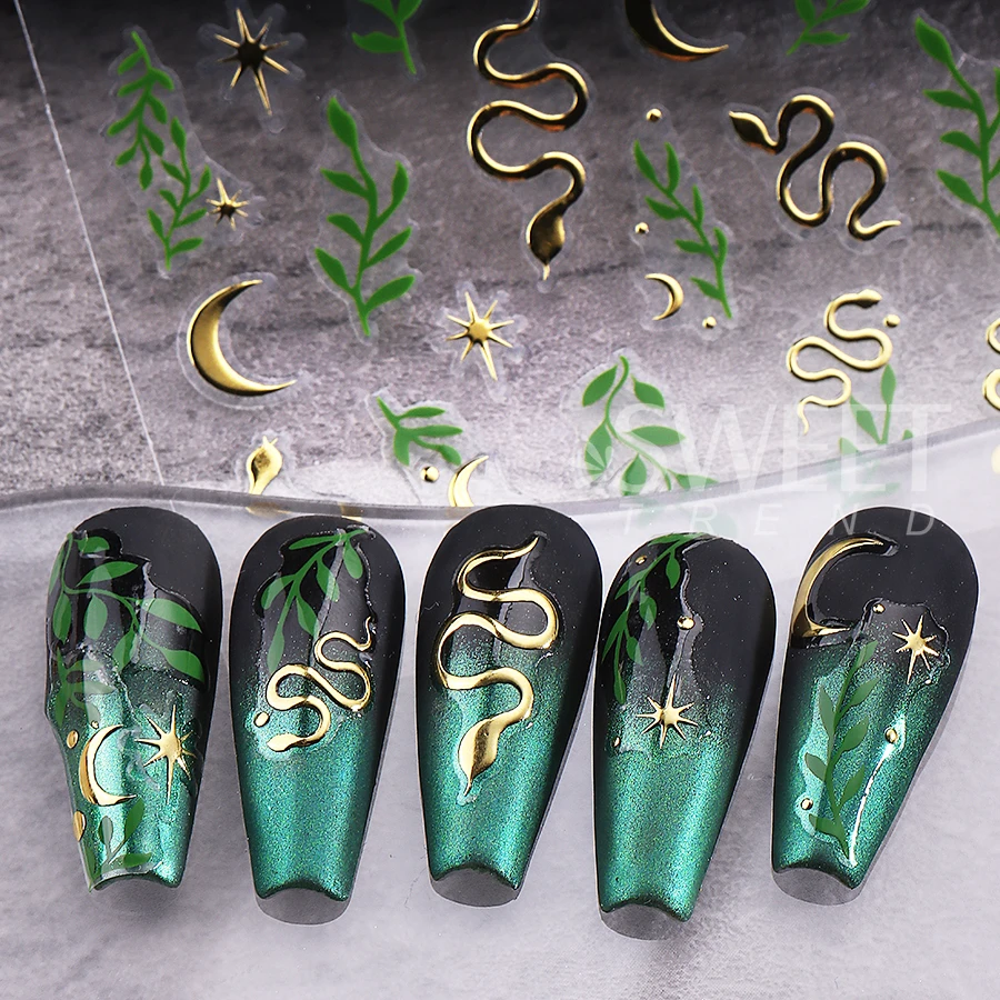 2pcs Metallic Snake Nail Stickers 3D Green Gold Leaves Stars Moon Line Design Nail Decals DIY Holographic Manicure Slider Decor