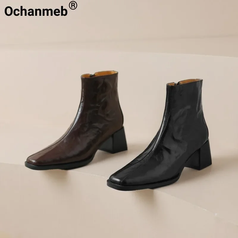 

Ochanmeb Real Crumpled Sheep Leather Boots Women Brown Handmade Block Heels Short Zipper Booties Ladies Square Toe Shoes Vintage