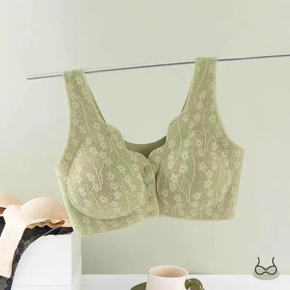 

Backless Bra Flower Embroidery Lace Women's Sports Bra Wide Shoulder Strap Front Button Closure Elastic Padded No for Mothers