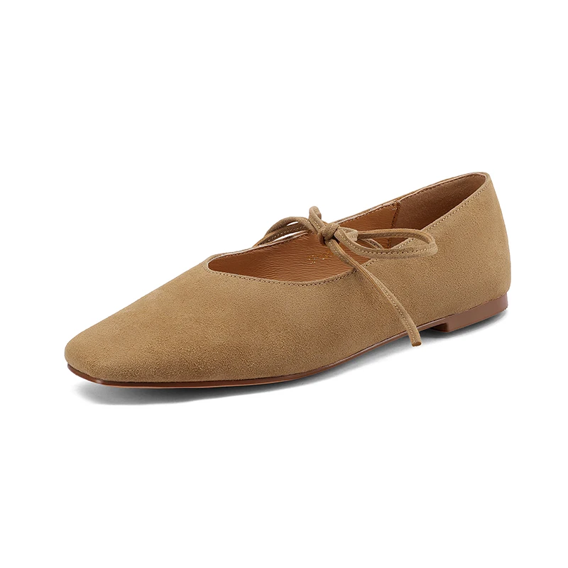 SmallHut NEW 2026 Trend Spring Cow Suede Women Flats Casual Square Toe Cross Strap Black Chocolate Khaki Plus Size Flat Shoes