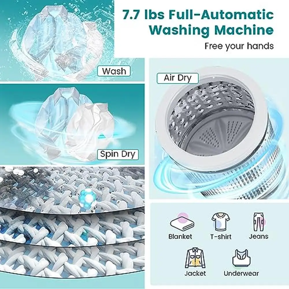 Portable 7.7lbs Washing Machine Full Automatic Laundry 10 Programs 3 Water Levels Compact Washer Combo Spinner Stainless Steel 2