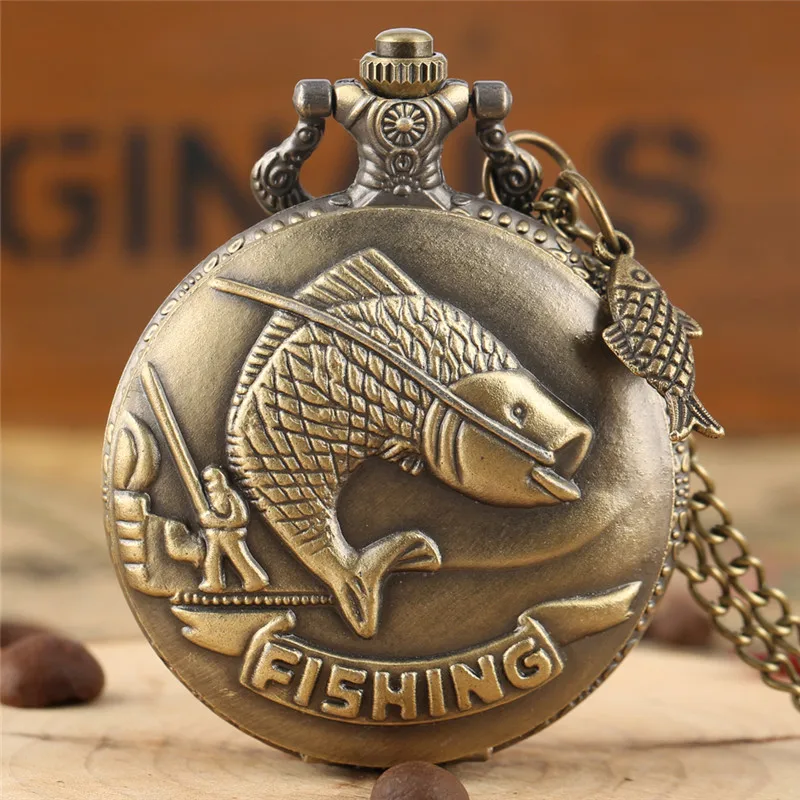 

Old Fashion Clock Engraved Fish Fishing Design Bronze Quartz Pocket Watch for Men Women Arabic Number Timepiece with Chain Gift