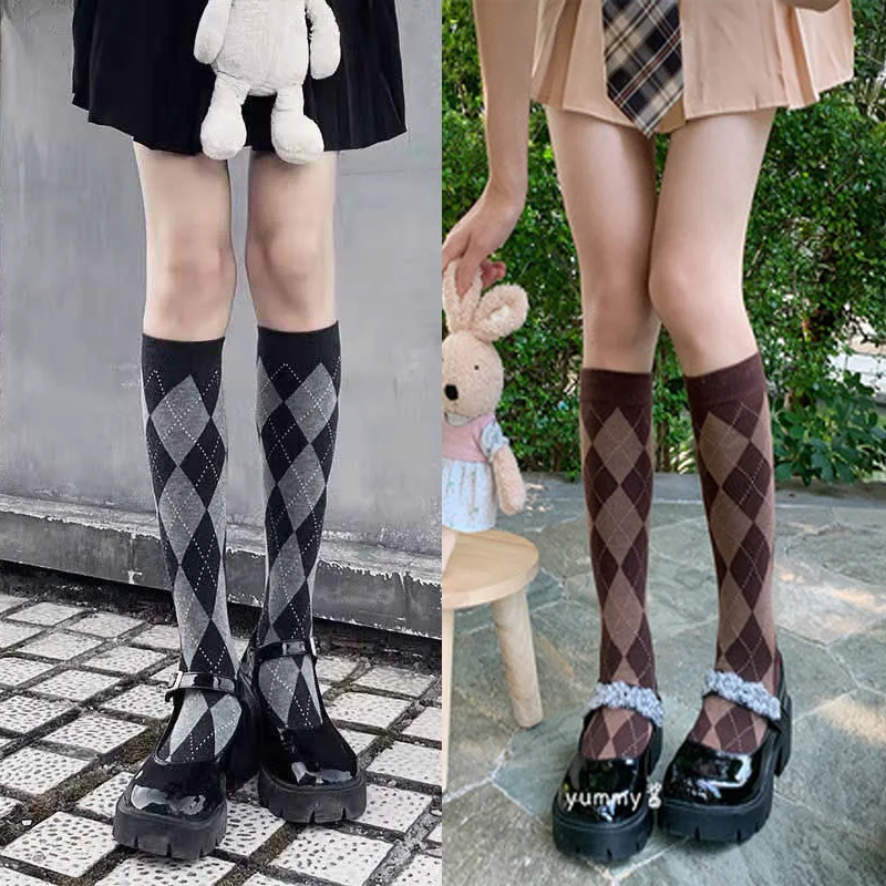

Four Seasons New Calf Socks Cute Women's Korean Style Medium Tube Socks Vintage British Rhombus Harajuku Fashion Girl Sock