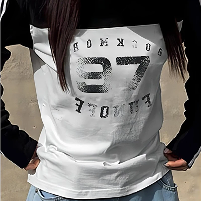 

Rockmore Harajuku Letter Print T-shirt Women Patchwork Long Sleeve O-neck y2k Top Tee Korean Casual Fairy Grunge Clothes
