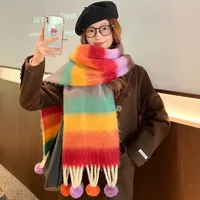 Dopamine Rainbow Stripes Cashmere Scarf Women's Winter Soft Warm Real Rabbit Fur Long Scarf Shawl Neck Warmer Fashionable