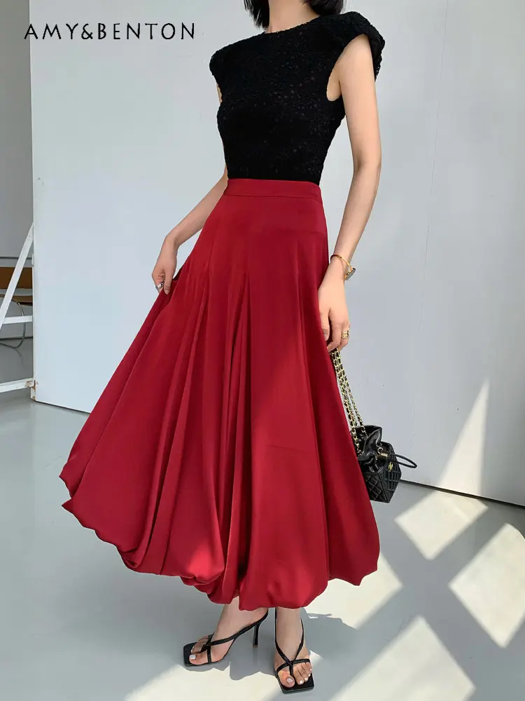 

Elegant Wine Red High Waist Long Skirt Women's Summer 2023 Design Sense Puffy Bud Skirt Solid Color Big Hem Skirt