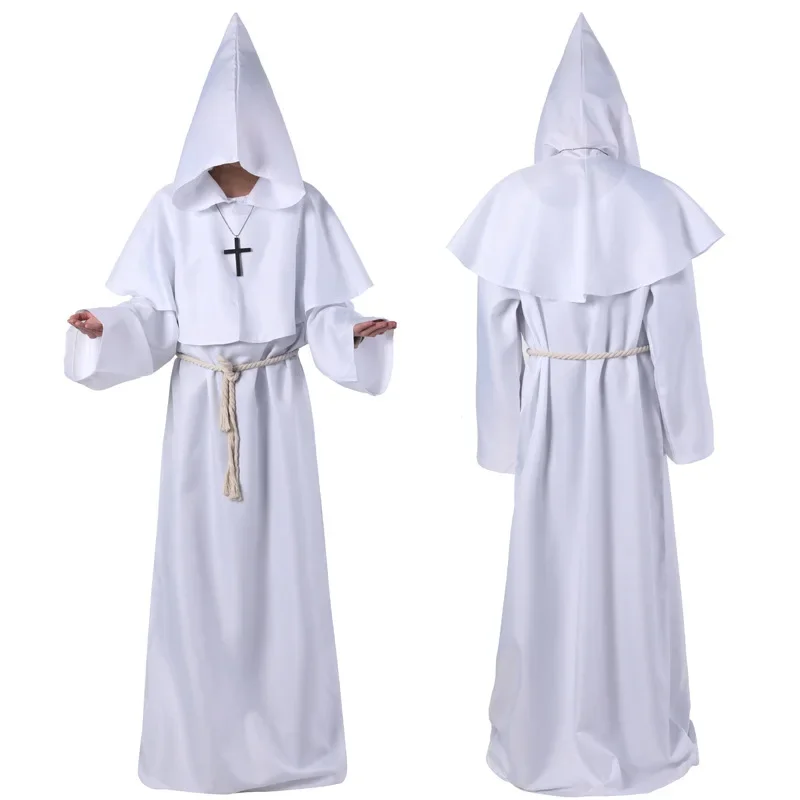 White Halloween Novelty Special Use Cosplay Costumes Medieval Friar Robe Monk Robe Magic Wizard Robe Priest Cosplay Robe Shawl