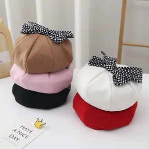 Girls Hat Children's Woolen Beret Painter Hat Beanie Hat Bow Painter Hat Cloth Accessories Solid Color Artist Painter Cap Girls