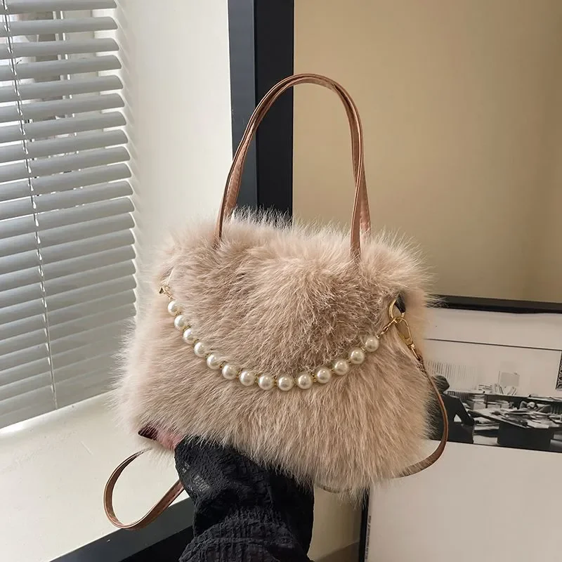 Winter Fashion Faux Fur Crossbody Bags for Women's Gift, Pearl Chain Decor Shoulder Bag, Ladies Handbags Top-handel Bag