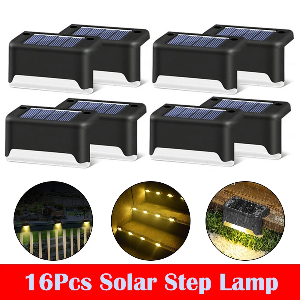 Outdoor Stair Solar Light Waterproof Garden Step Lamp Fence Pathway Yard Patio Garden Decor Lawn LED Lighting 16PCS Warm Light