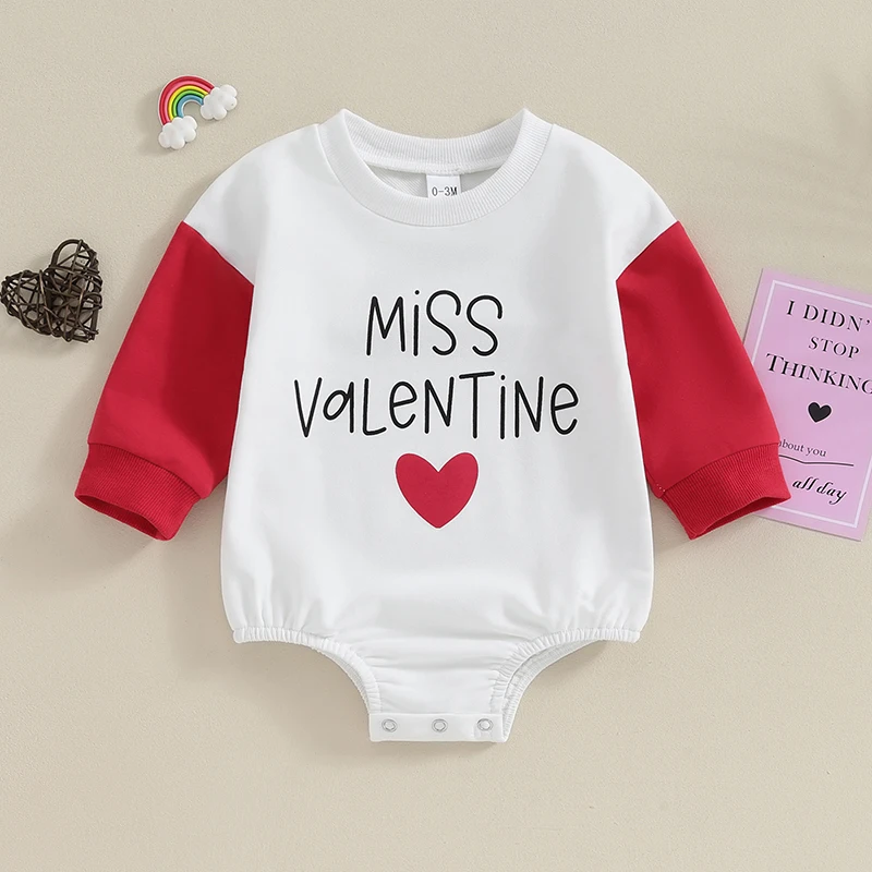 

Infant Baby Valentine's Day Jumpsuit Letter&Heart Print Round Neck Long Sleeve Romper Toddler Baby Sweatshirt Bodysuits Clothes