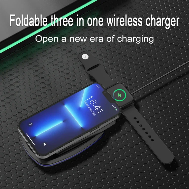 30W 3 in 1 Wireless Charger Stad Pad Fodable RGB Light Fast Charging Station Dock For iPhone 15 14 13 X iWatch 8 7 6 Airpods Pro