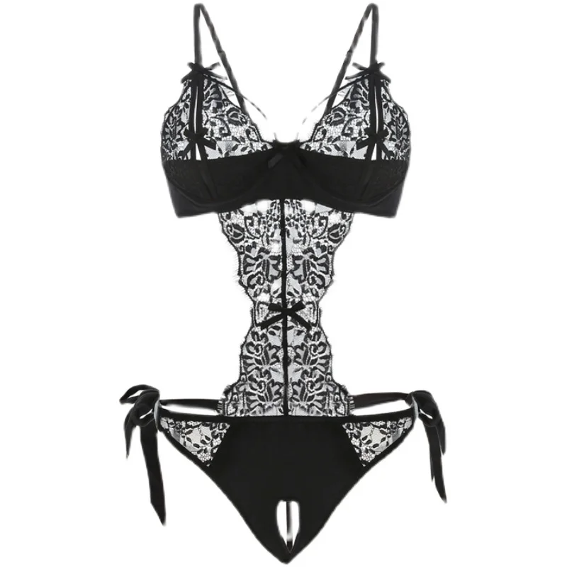 Moonlight Elf Sexy Lace Pajamas Wedding Gift Strap Black Bow Bodysuit Ultra-thin Ladies Lingerie Jumpsuit