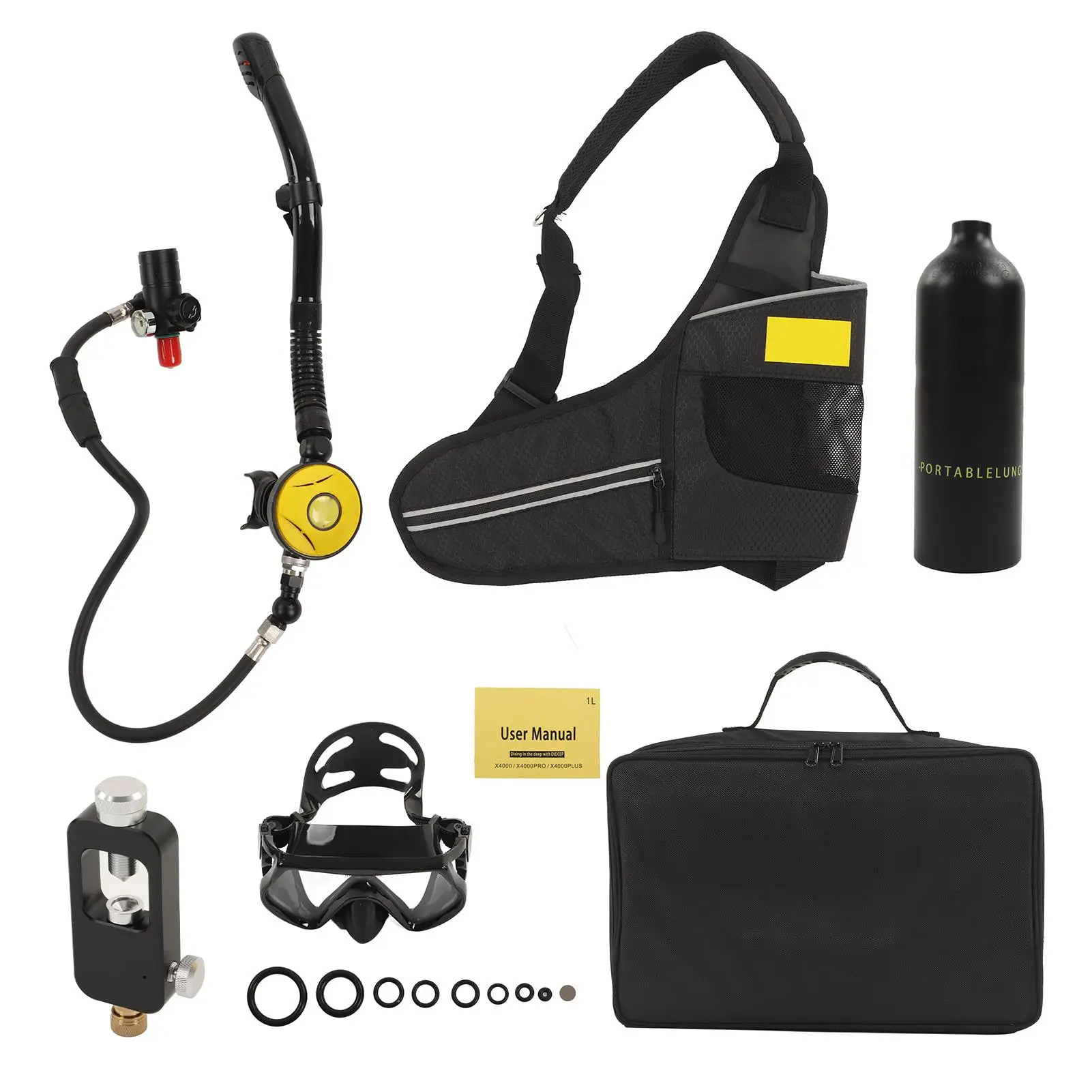 

DIDEEP 1L Scuba Diving Cylinder Oxygen Tank Set + Hand Pump + Bag + Googles