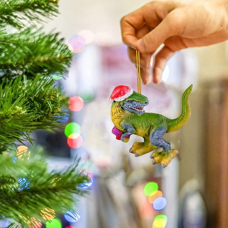8cm Mini Holiday Ornaments Christmas Tree Decorations Dinosaur in Christmas Hat Figurine Hanging Pendant Gift for Kids