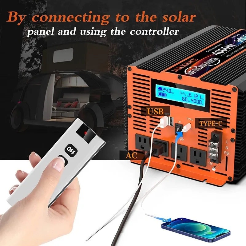 4000 Watt Pure Sine Wave Power Inverter 24V DC to 110V 120V Converter for Family RV Off Grid Solar System Car with Type-C Ports 2