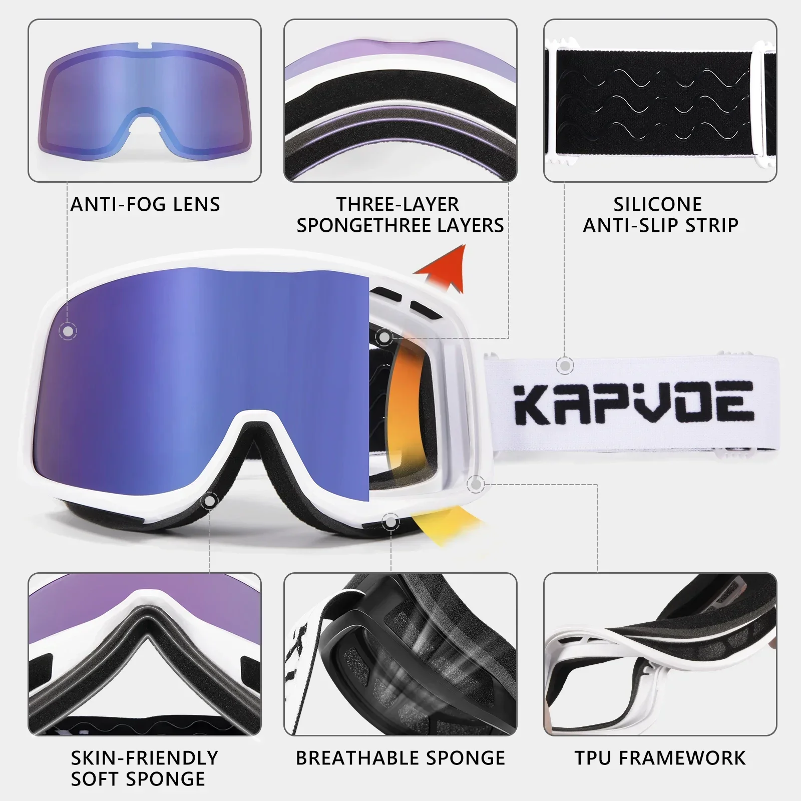 Kapvoe UV400 Snow Goggles Ski Snowboarding Sunglasses Skiing Mask for Men Women Anti-Fog Lens Kit Protection Snowmobile Glasses