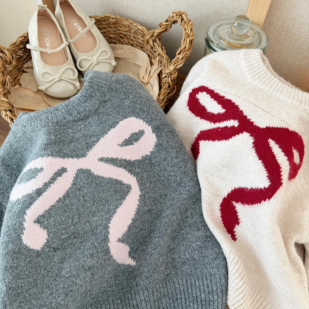 2026 겨울 신상 여아용 두꺼운 따뜻한 다용도 니트 스웨터 어린이용 달콤한 리본 자카드 스웨터