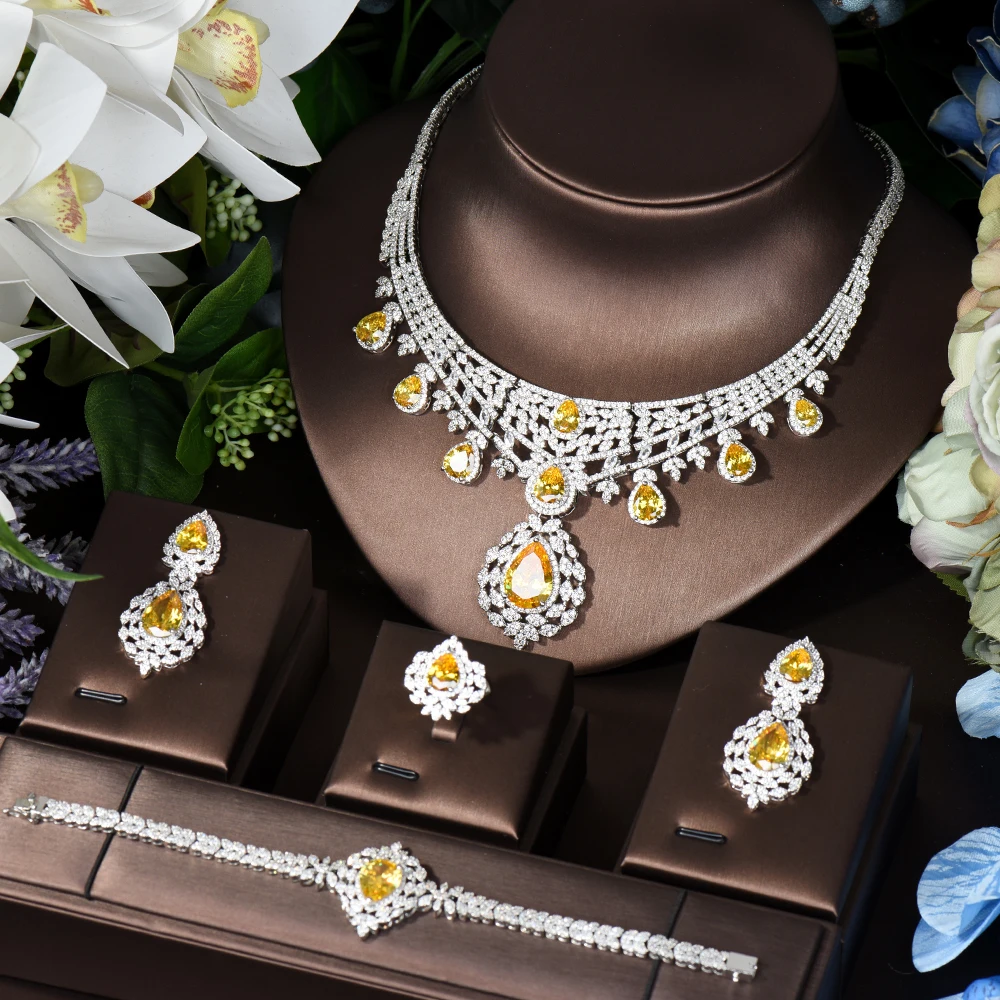 

HIBRIDE Luxury Yellow Water Drop Cubic Zirconia Women Jewelry Set Necklace Set Wedding Bride Dress Accessories Party Show N-1206