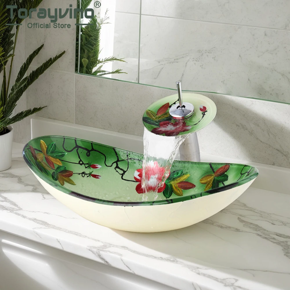 Torayvino ห้องน้ําอ่างล้างจานก๊อกน้ําชุดรูปไข่มือสีอ่างล้างหน้ากระจกนิรภัยอ่างล้างหน้าดาดฟ้าติดตั้งอ่างล้างหน้า W/Pop-up Drain Mixer TAP 1