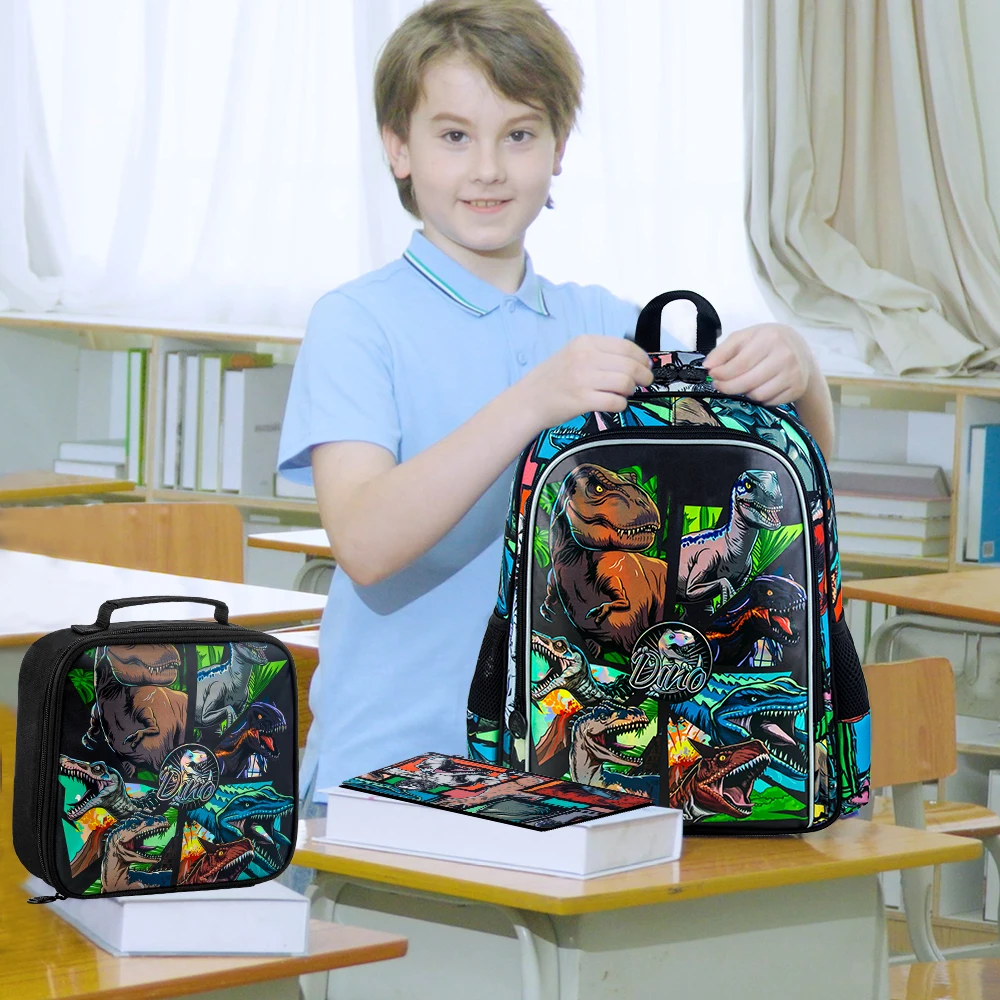3PCS Backpack for Boys, 16 Inch Dinosaur Water Resistant Preschool Bookbags, Cool Elementary Kindergarten School Backpacks and L 5