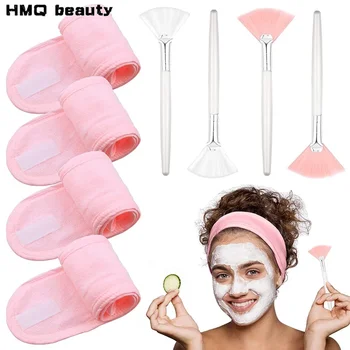 8pcs/set  Facial Brushes Fan Makeup Brushes Soft Portable Mask Brushe Spa Headband Stretchable Hair Wrap Skincare Makeup Tools 1