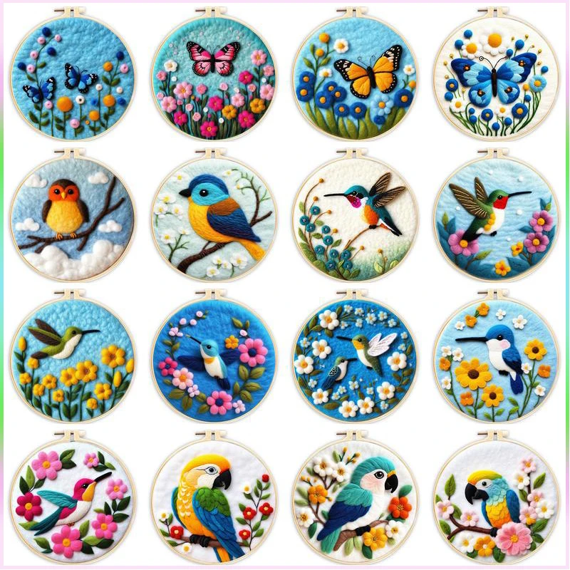 CHENISTORY Painting Diy Wool Embroidery Kit Creative Diy Bird Butterfly Wool Needle Felt Flower Picture Kit Craft Painting Gift needle felt kit wool felting kit