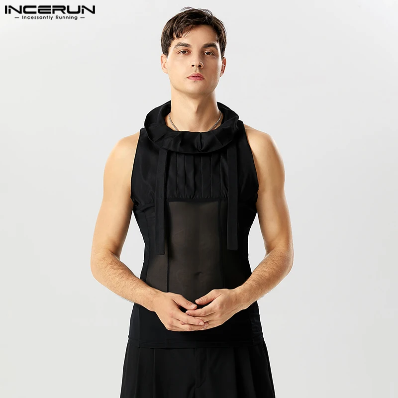 INCERUN 남성용 탱크 탑, 플리츠 메쉬 패치워크, 터틀넥 민소매 패션 조끼, 스트리트웨어 2023, 시스루 섹시한 남성 의류