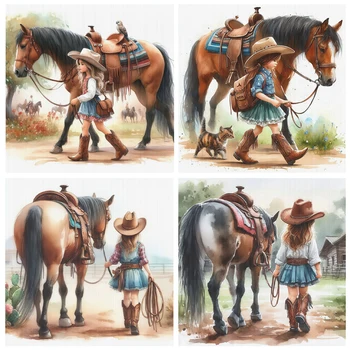 Kit de points de croix imprimés fille et cheval, bricolage 11CT, ensemble artisanal de broderie, décoration de maison 1