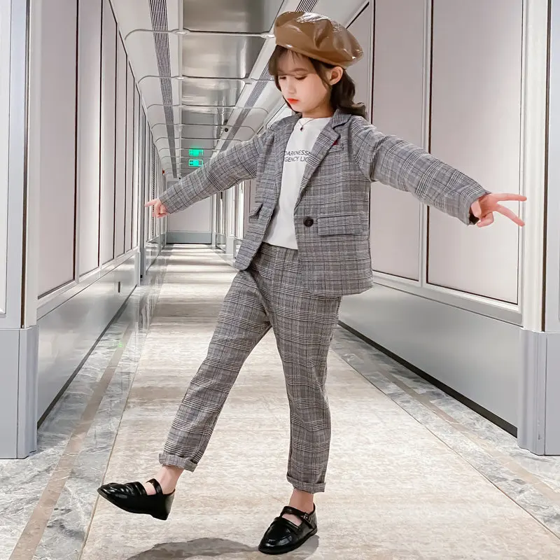 

Fashion Wedding Kids Suit Sets for Girls Plaid Formal Suit Jackets+Pants School Blazer Set Girls Clothes Children Clothes 8 10Y