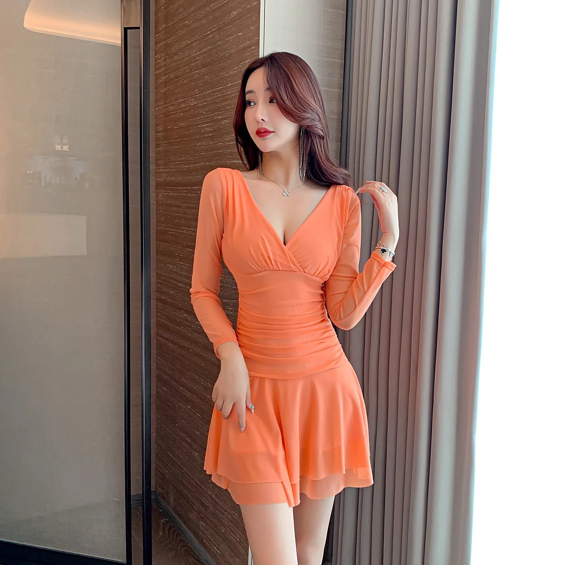 

Fashion New Spring Summer Office Lady Deep V-Neck Long Sleeve Dress Sexy Girl A-linePleated Mesh Hip Skirt Woman Party Clothes