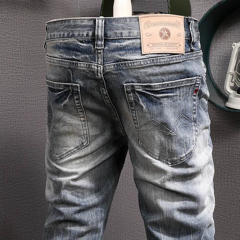 Italian Style Fashion Men Jeans High Quality Retro Blue Elastic Stretch Slim Fit Ripped Jeans Men Vintage Designer Pants Hombre