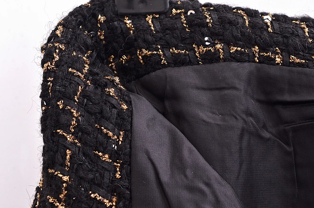 French Retro Women Black Weave Gold Line Tweed Blazer High Waist Center Buttons Back Zipper Mini Skirt Set Suits 2 pieces 1 set