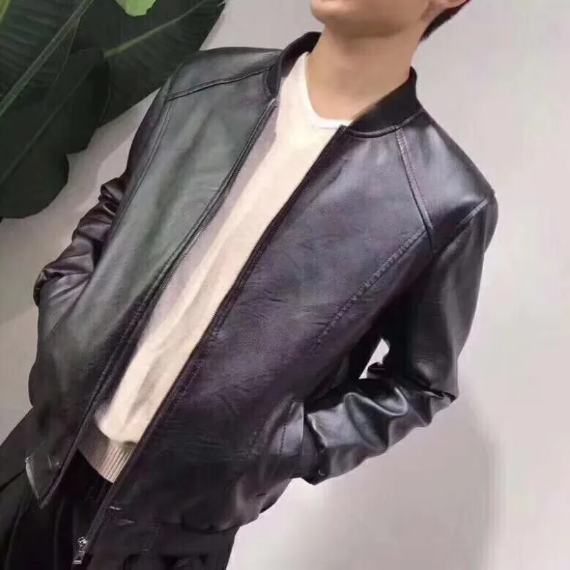 Leather Jacket Men Windproof Windbreaker Business Men Clothing Coat Zipper Long Sleeve Slim Stand Collar Coat PU Leather Jacket