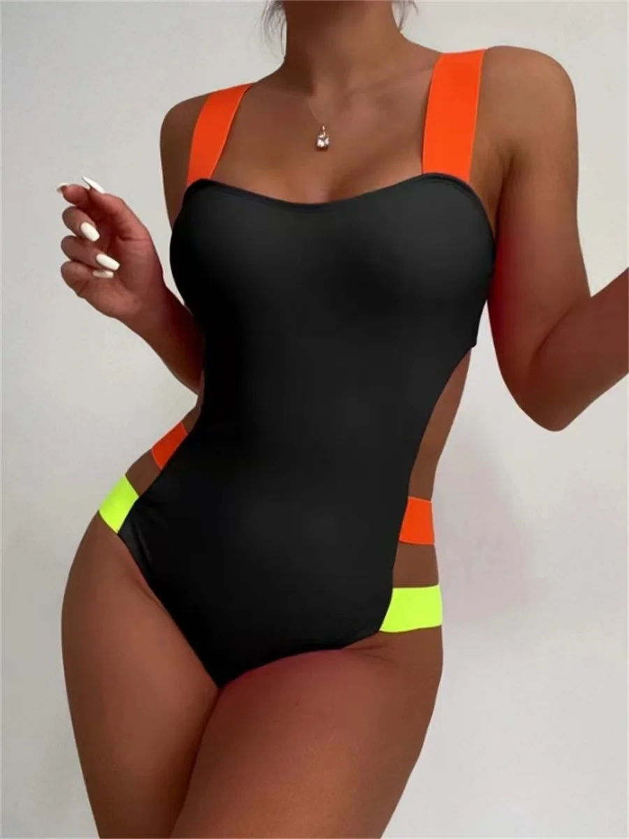 Sexy Black Contrast One Piece Swimsuit 2025 Women Neon Strap Hollow Out Backless Monokini Summer Bathing Suit Patchwork Swimwear