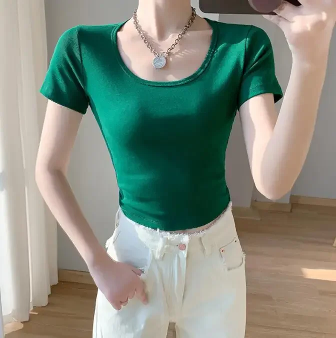 

Round neck short T-shirt with high waist short sleeves for a slim fit
