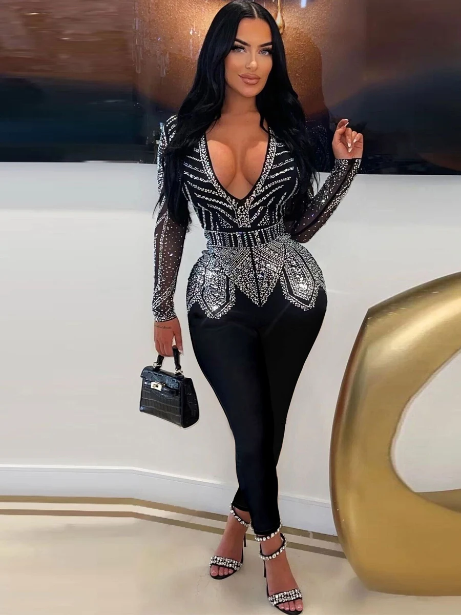 Luxury Deep V-neck Mesh Long Sleeve Night Club Party Romper Birthday Outfits Women Sparkly Diamonds Rhinestone Jumpsuit