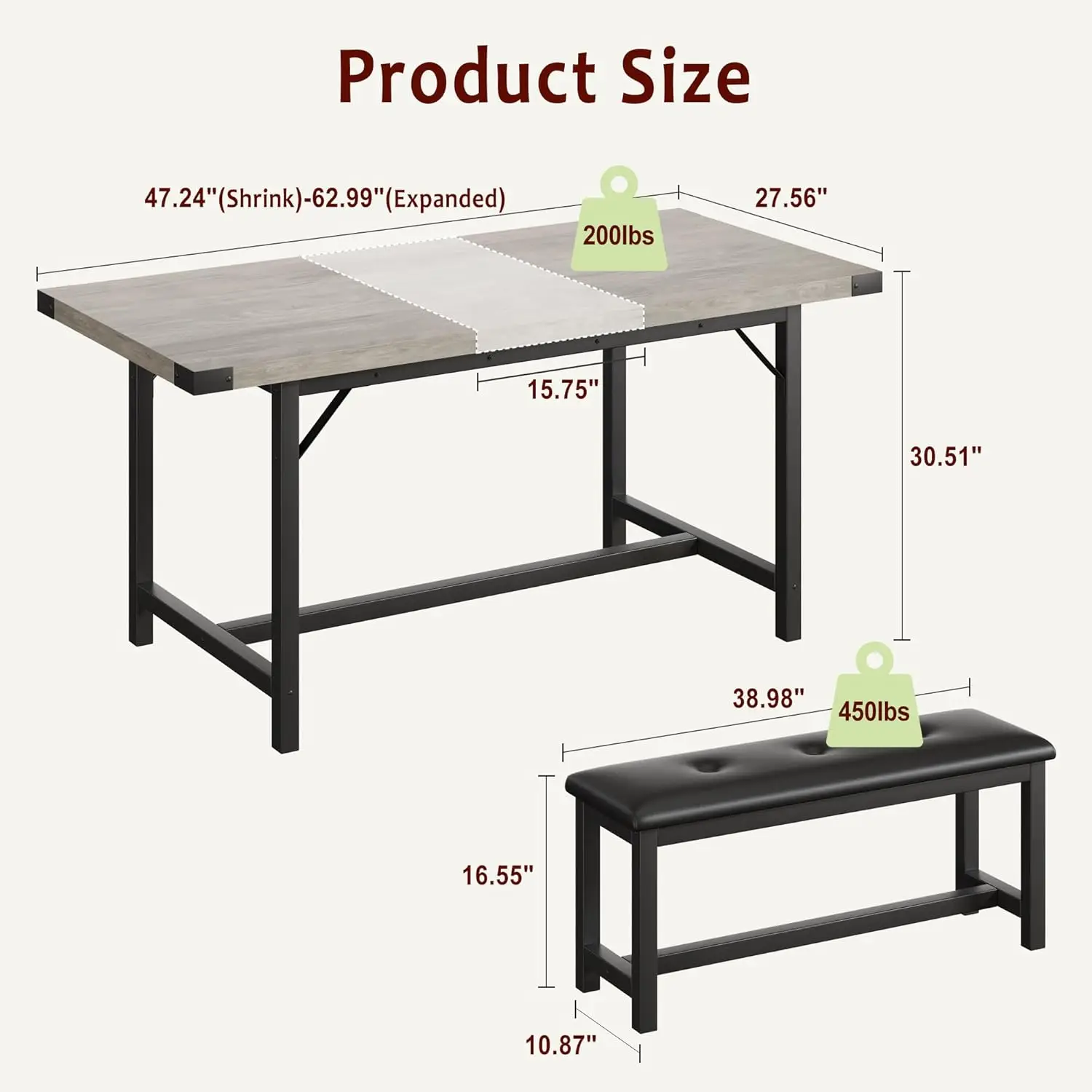 new-63" Extendable Dining Room Table Set with 2 Upholstered Benches, 3 Piece Large Rectangle Kitchen Table Set with Metal Frame