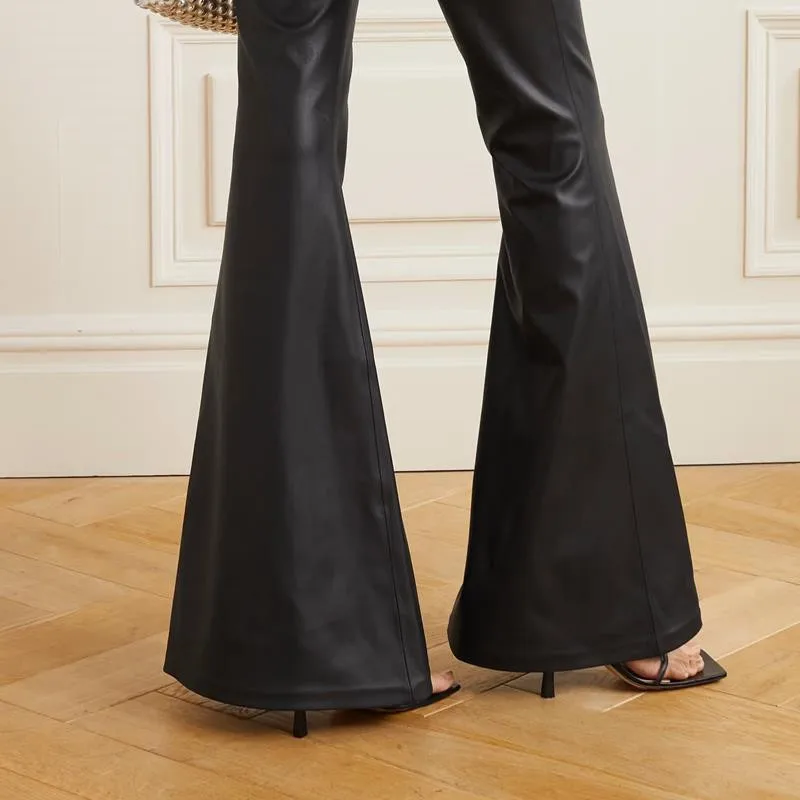 

European And American Women's Simple High-Waisted Slim PU Leather Pants Commuter Bag Hip Flare Pants Black Personality Street
