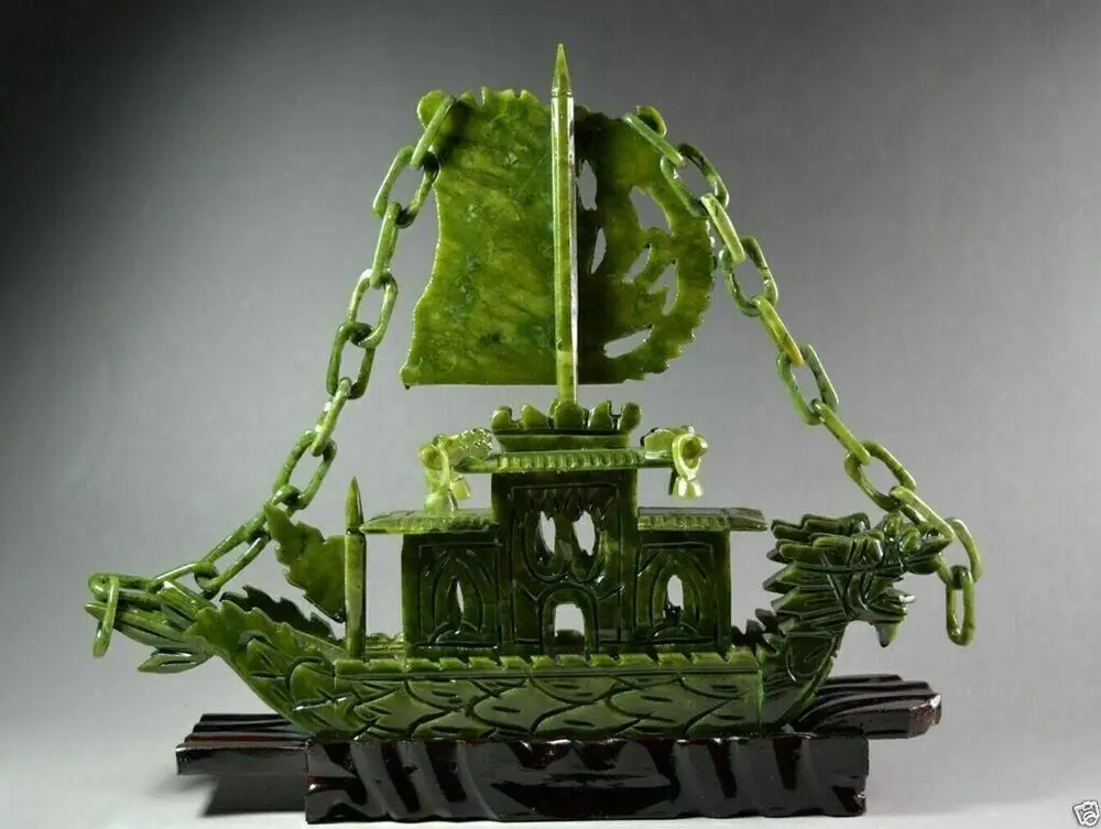 10.6" China Hand Hollow Carved 100% Natural Jade Dragon statue Dragon Boat 2
