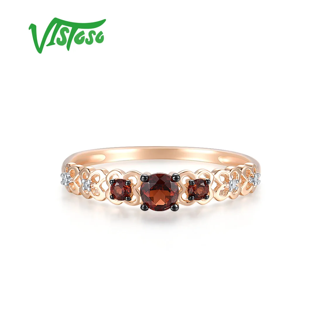 VISTOSO 여성용 진짜 14K 585 로즈 골드 반지, 반짝이는 다이아몬드 가넷, 할로우 섬세한 웨딩 파티, 귀여운 트렌디 파인 주얼리