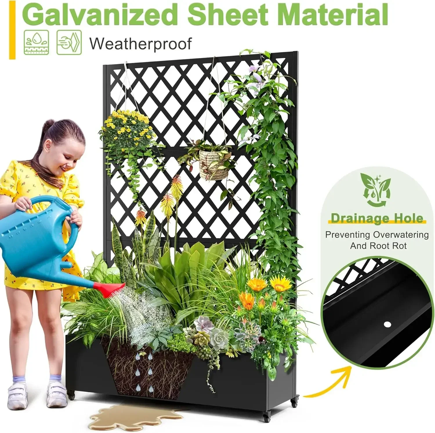 Metal Planter Box with Diamond Lattice Trellis Planter Box for Climbing Plants/Vines, Garden Bed with Trellis(73"x47" Black) 2